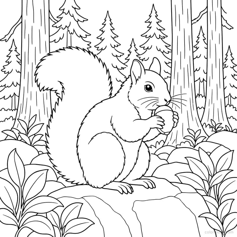 Squirrel with a Nut in the Forest