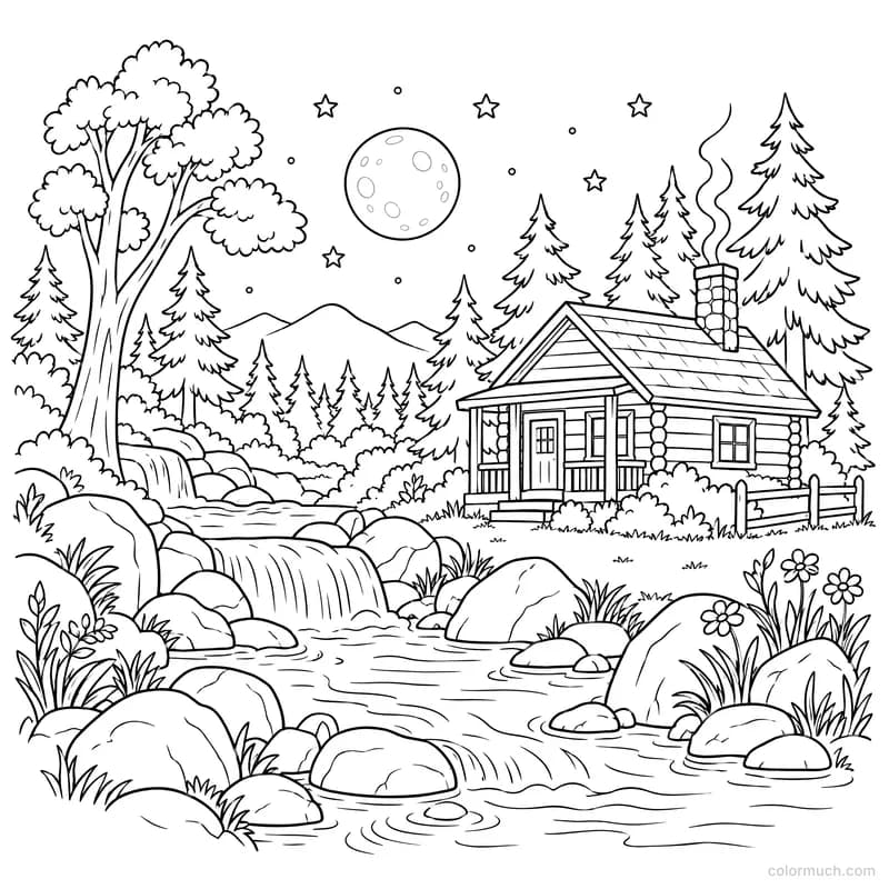 Cabin in the Moonlit Forest
