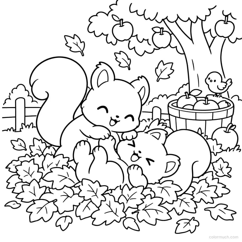Squirrels Wrestling in Fall Leaves