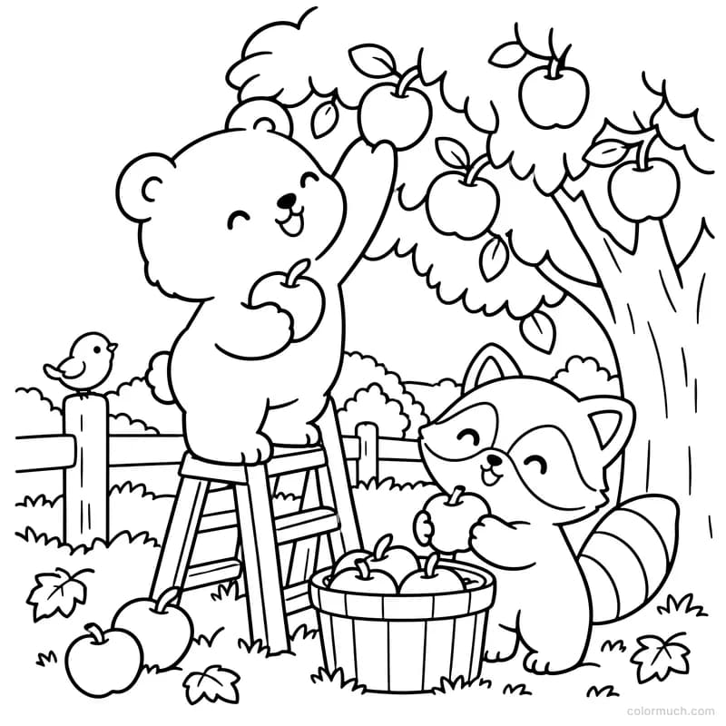 Bear and Raccoon Picking Apples
