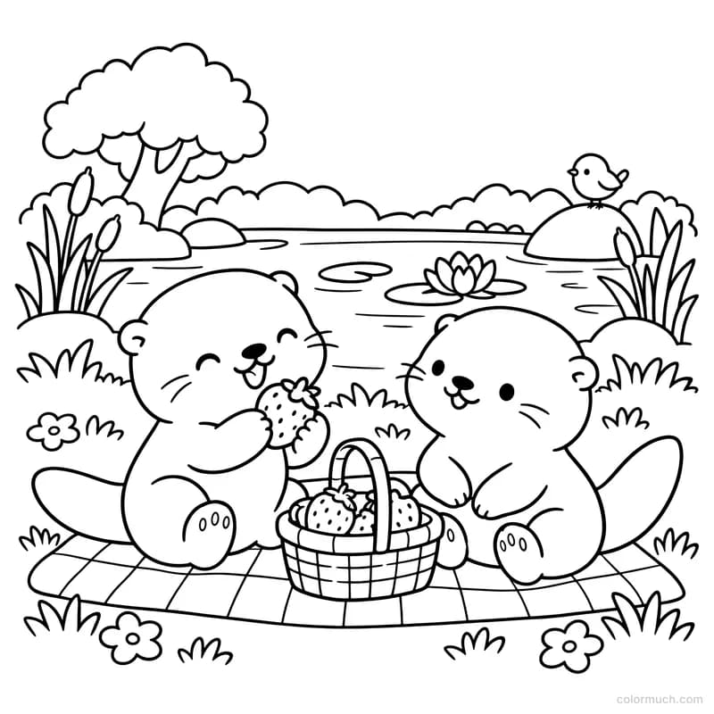 Otters Sharing a Picnic by the Pond